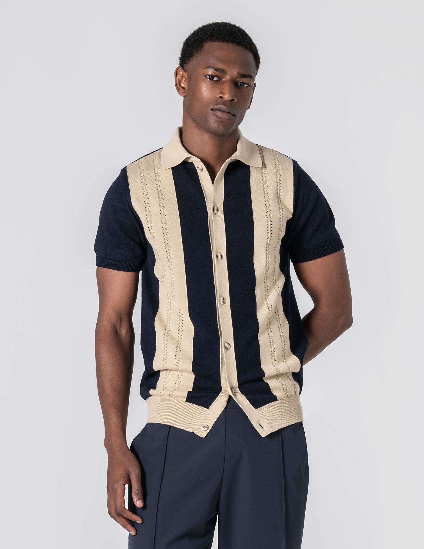 Old Money Two-Tone Crochet Knit Shirt-Collar Polo