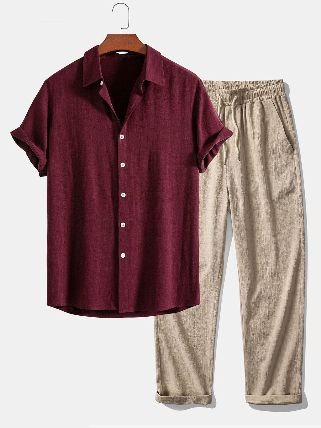 Maroon Affair Set – Old Money Style Outfit for Men with Cotton Shirt, Beige Pants & Suede Loafers