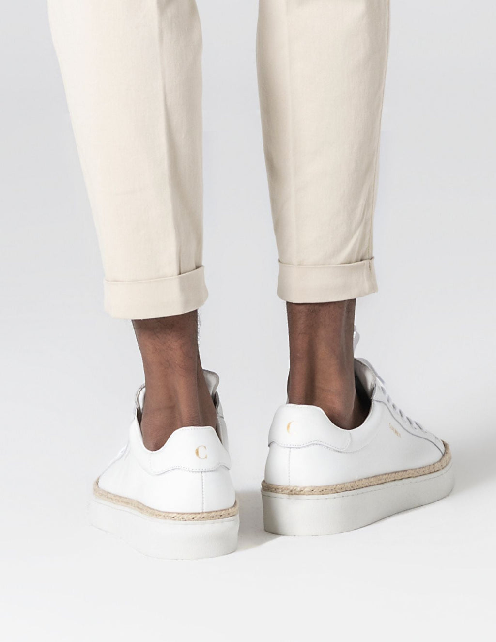 White Leather Sneakers with Raffia
