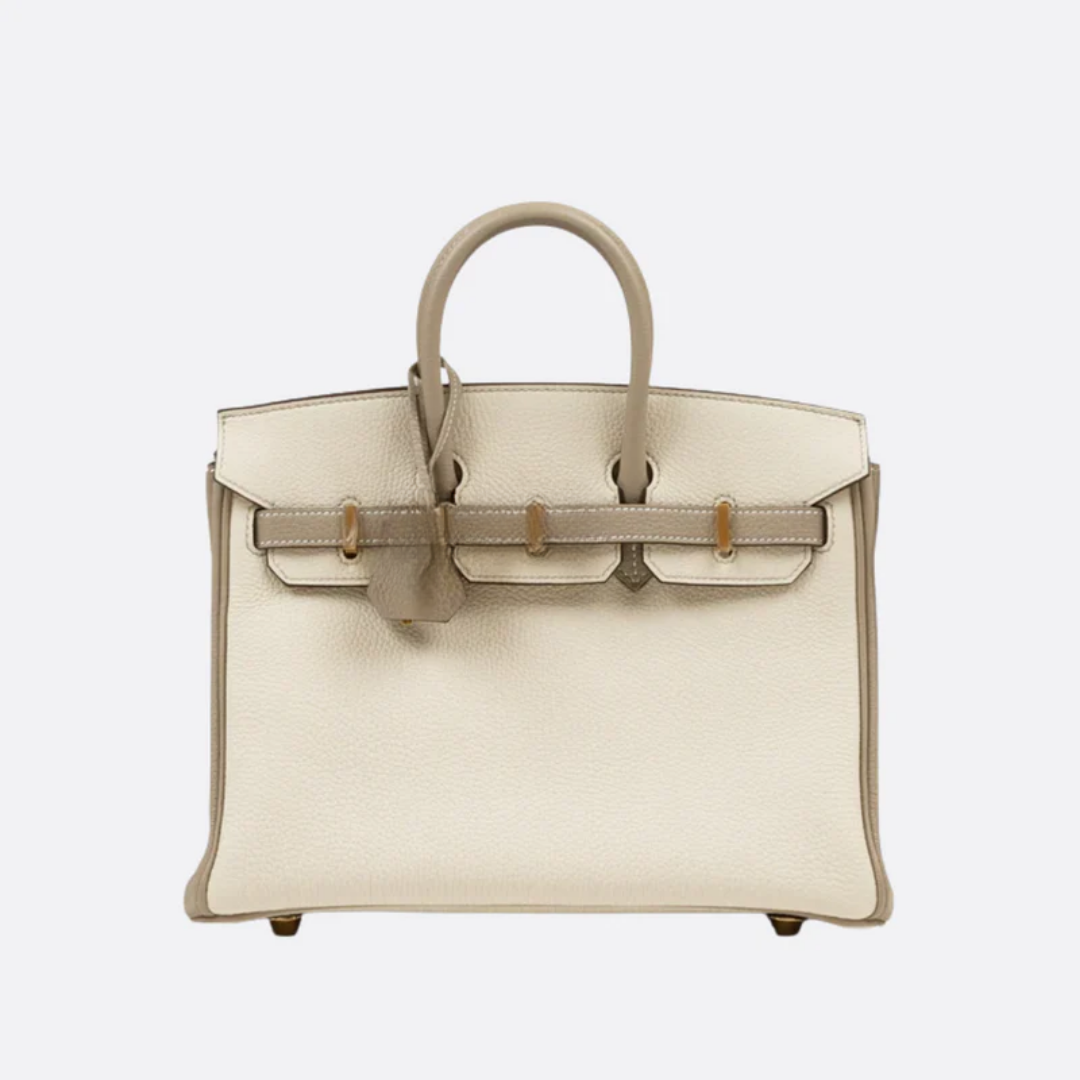 Bag 25 Brk HSS Cr / GryTr in Tg Leather with Brushed Gold Hardware