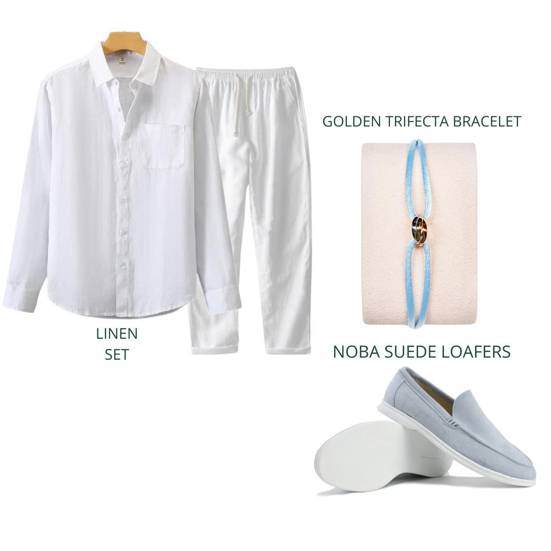 Punta Cana 4 Piece Set – Old Money Style Outfit for Men with White Linen Shirt, Pants, Blue Suede Loafers & Bracelet