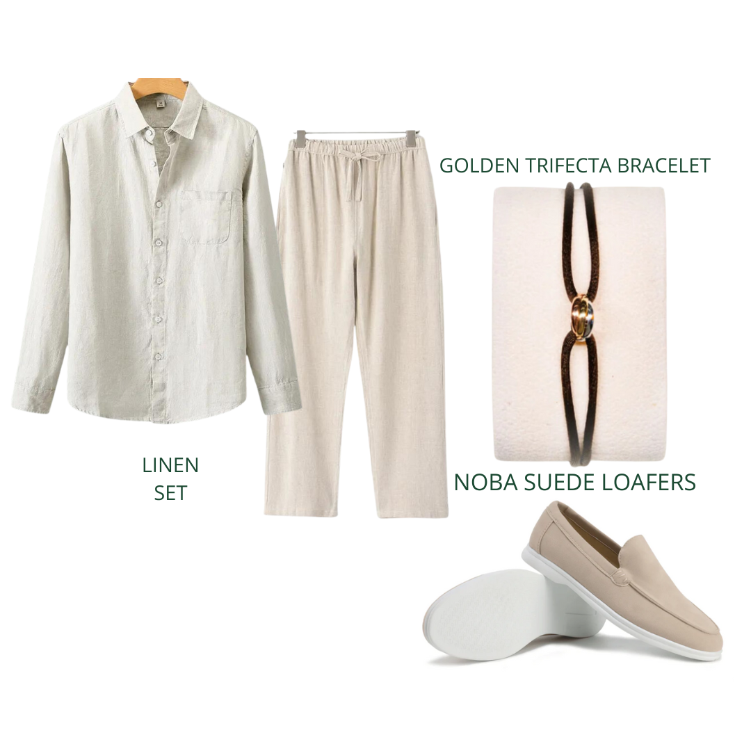 Zanzibar 4 Piece Set – Old Money Style Outfit for Men with Linen Shirt, Linen Pants, Suede Loafers & Bracelet