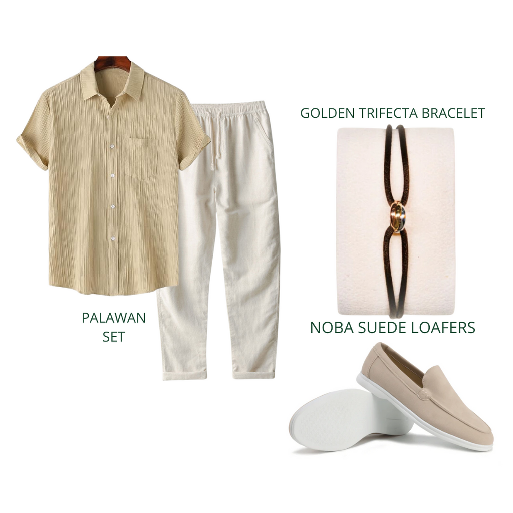 Sahara Sand 4 Piece Set – Old Money Style Outfit for Men with Beige Cotton Shirt, Pants, Suede Loafers & Bracelet