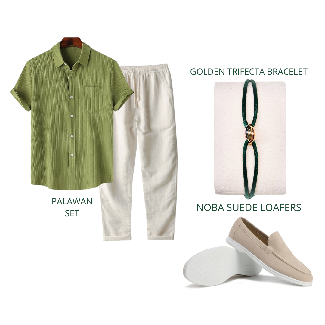 Olive 4 Piece Set – Old Money Style Outfit for Men with Cotton Shirt, Beige Pants, Suede Loafers & Bracelet
