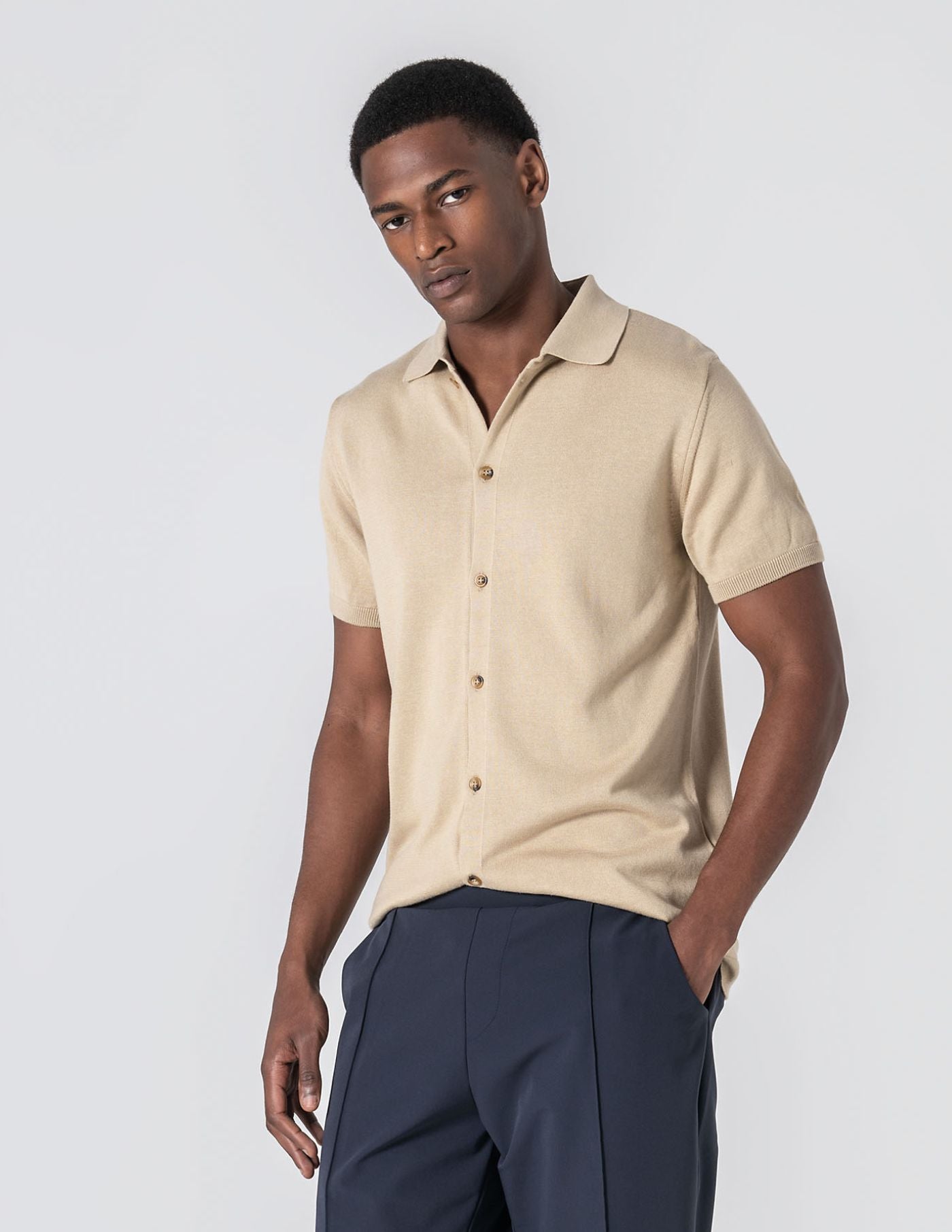 Old Money Beige Shirt-Collar Polo
