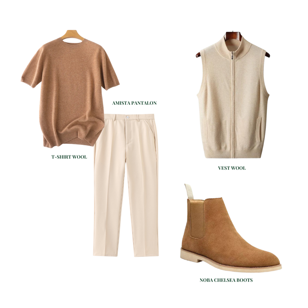 Upper Echelon Set – Old Money Style Outfit for Men with Wool T-Shirt, Nude Pantalon, Suede Chelsea Boots & Wool Vest