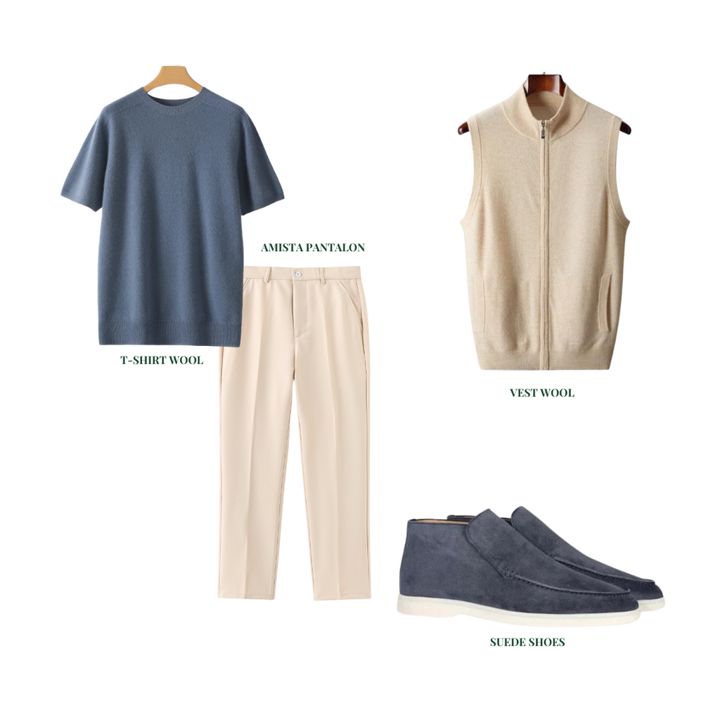 Heritage Hustle Set – Old Money Style Outfit for Men with Wool T-Shirt, Nude Pantalon, Suede Slip-Ons & Wool Vest
