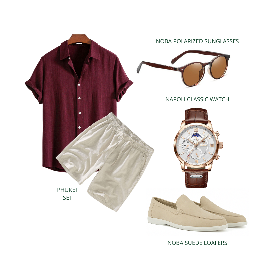 Wine Estate Set – Old Money Style Outfit for Men with Maroon Cotton Shirt, Beige Shorts & Suede Loafers