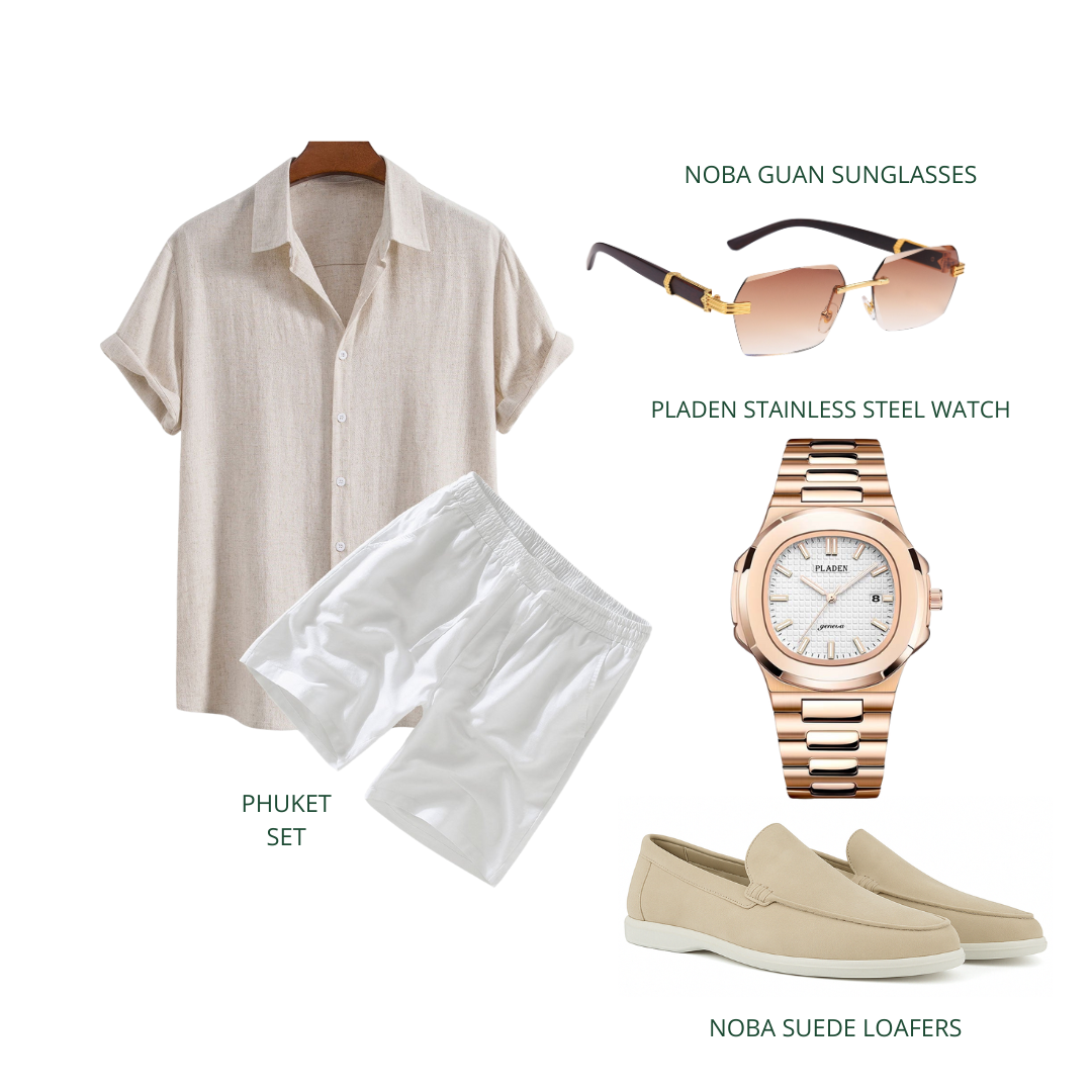 Café Crème Set – Old Money Style Outfit for Men with Beige Cotton Shirt, White Shorts & Suede Loafers