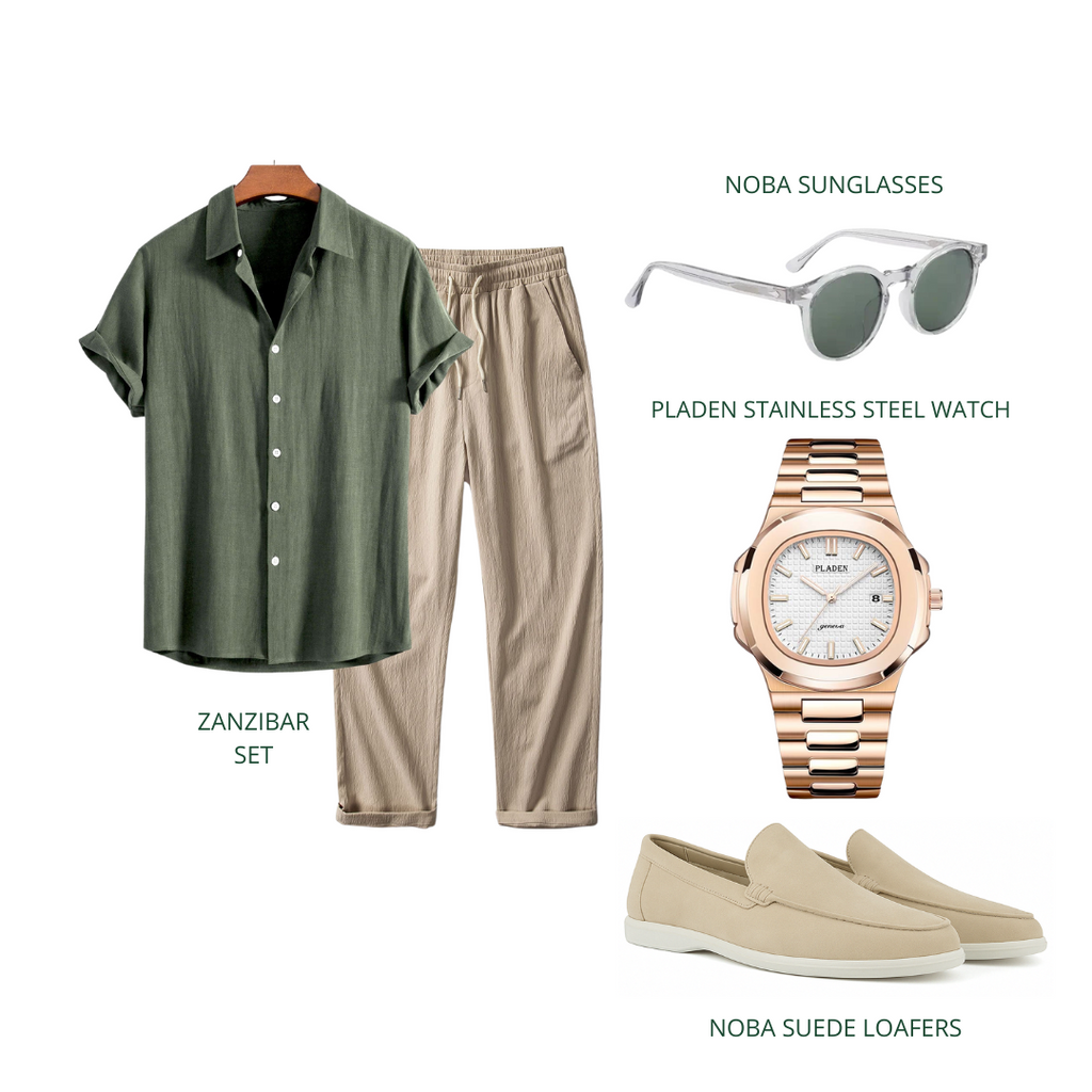 Tuscan Shade Set – Old Money Style Outfit for Men with Olive Cotton Shirt, Beige Shorts & Suede Loafers