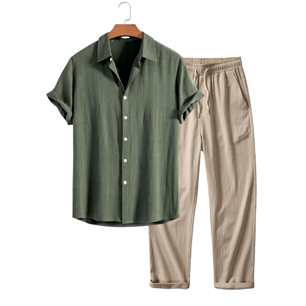 Tuscan Shade Set – Old Money Style Outfit for Men with Olive Cotton Shirt, Beige Shorts & Suede Loafers