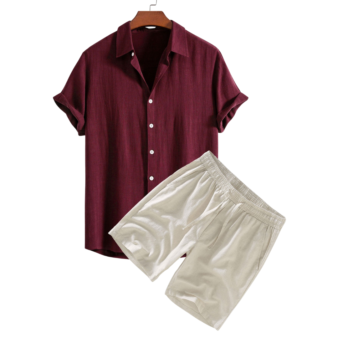 Wine Estate Set – Old Money Style Outfit for Men with Maroon Cotton Shirt, Beige Shorts & Suede Loafers